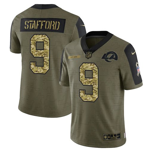 Olive Los Angeles Rams #9 Matthew Stafford 2021 Camo Salute To Service Limited Stitched Jersey - LAR486