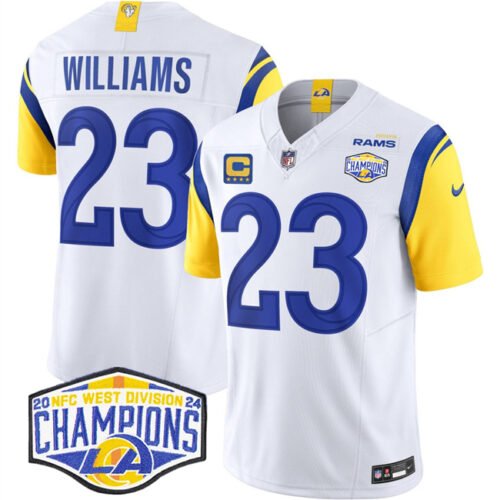 White Los Angeles Rams #23 Kyren Williams 2024 NFC West Champions With 4-Star C Patch F.U.S.E. Vapor Untouchable Stitched Football Jersey - LAR36