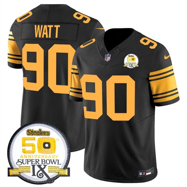 Black Pittsburgh Steelers #90 T.J. Watt 2024 F.U.S.E. 50th Anniversary Of Super Bowl IX Color Rush Limited Stitched Jersey - PSJ44