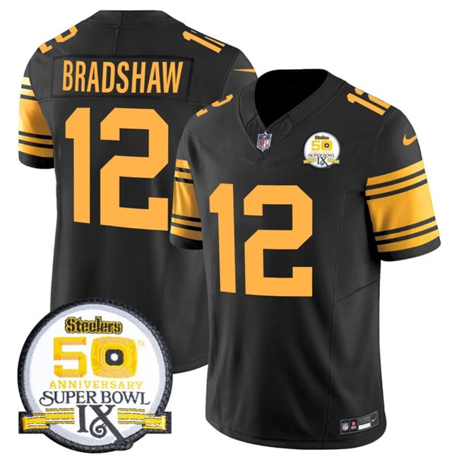 Black Pittsburgh Steelers #12 Terry Bradshaw 2024 F.U.S.E. 50th Anniversary Of Super Bowl IX Color Rush Limited Stitched Jersey - PSJ205