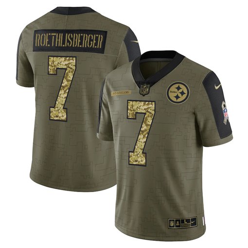 Olive Pittsburgh Steelers #7 Ben Roethlisberger 2021 Camo Salute To Service Limited Stitched Jersey - PSJ251