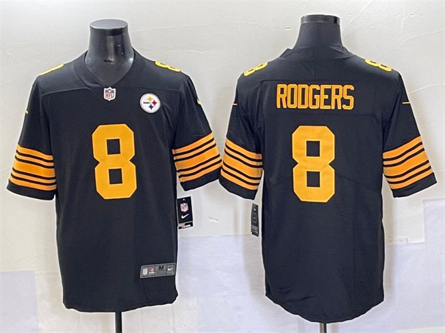 Black Pittsburgh Steelers #8 Aaron Rodgers 2025 Color Rush Vapor Limited Stitched Football Jersey - PSJ677