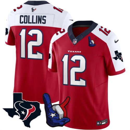 Red/White Houston Texans #12 Nico Collins 2023 F.U.S.E. With Hand Sign Throwing Up The H Patch Vapor Untouchable Limited Stitched Football Jersey - HTJ392