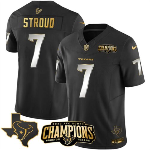 Black Golden Houston Texans #7 C.J. Stroud 2023 F.U.S.E. With AFC South Champions Patch And Team Logo Patch Limited Stitched Football Jersey - HTJ36