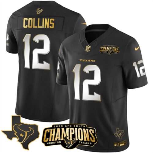 Black Golden Houston Texans #12 Nico Collins 2023 F.U.S.E. With AFC South Champions Patch Limited Stitched Football Jersey - HTJ18