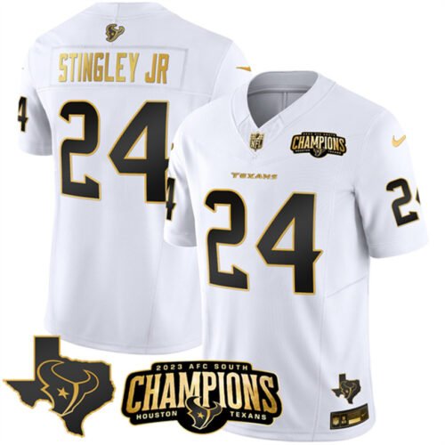 White Golden Houston Texans #24 Derek Stingley Jr. 2023 F.U.S.E. With AFC South Champions Patch And Team Logo Patch Limited Stitched Football Jersey - HTJ326