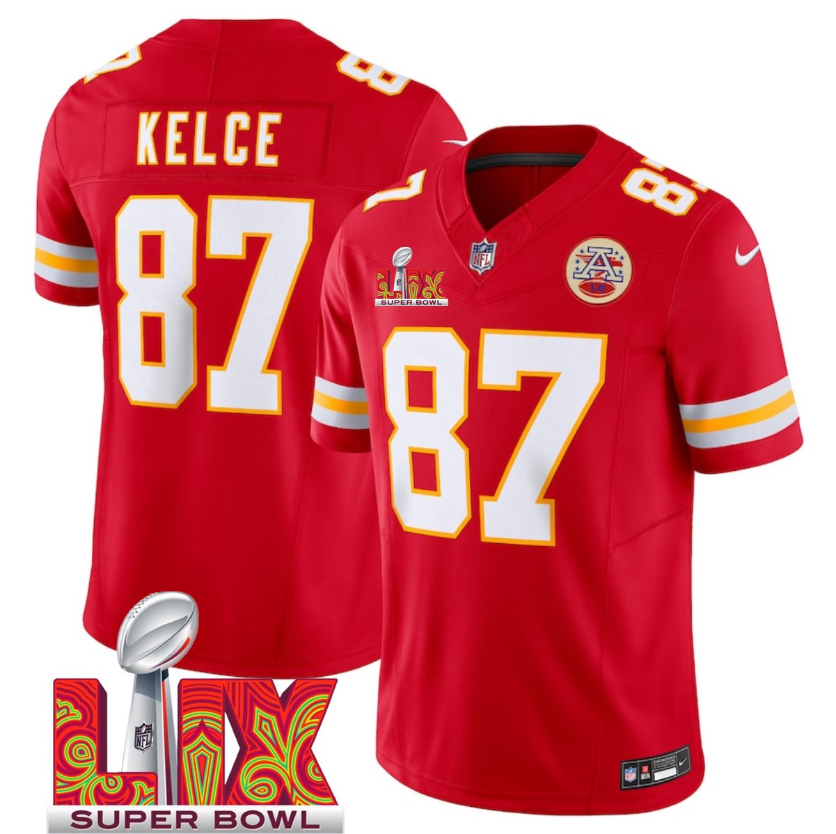 Red Kansas City Chiefs #87 Travis Kelce 2025 Super Bowl LIX Patch F.U.S.E. Vapor Limited Stitched Football Jersey - KCJ93