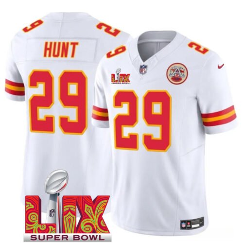 White Kansas City Chiefs #29 Kareem Hunt 2025 Super Bowl LIX Patch F.U.S.E. Vapor Limited Stitched Football Jersey - KCJ34
