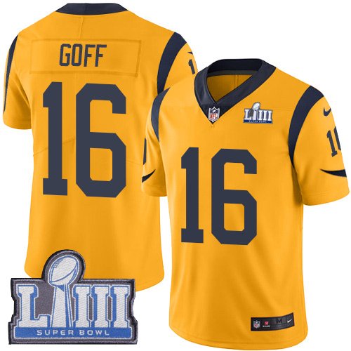 Nike Rams #16 Jared Goff Gold Super Bowl LIII Bound Stitched NFL Limited Rush Jersey - LAR517